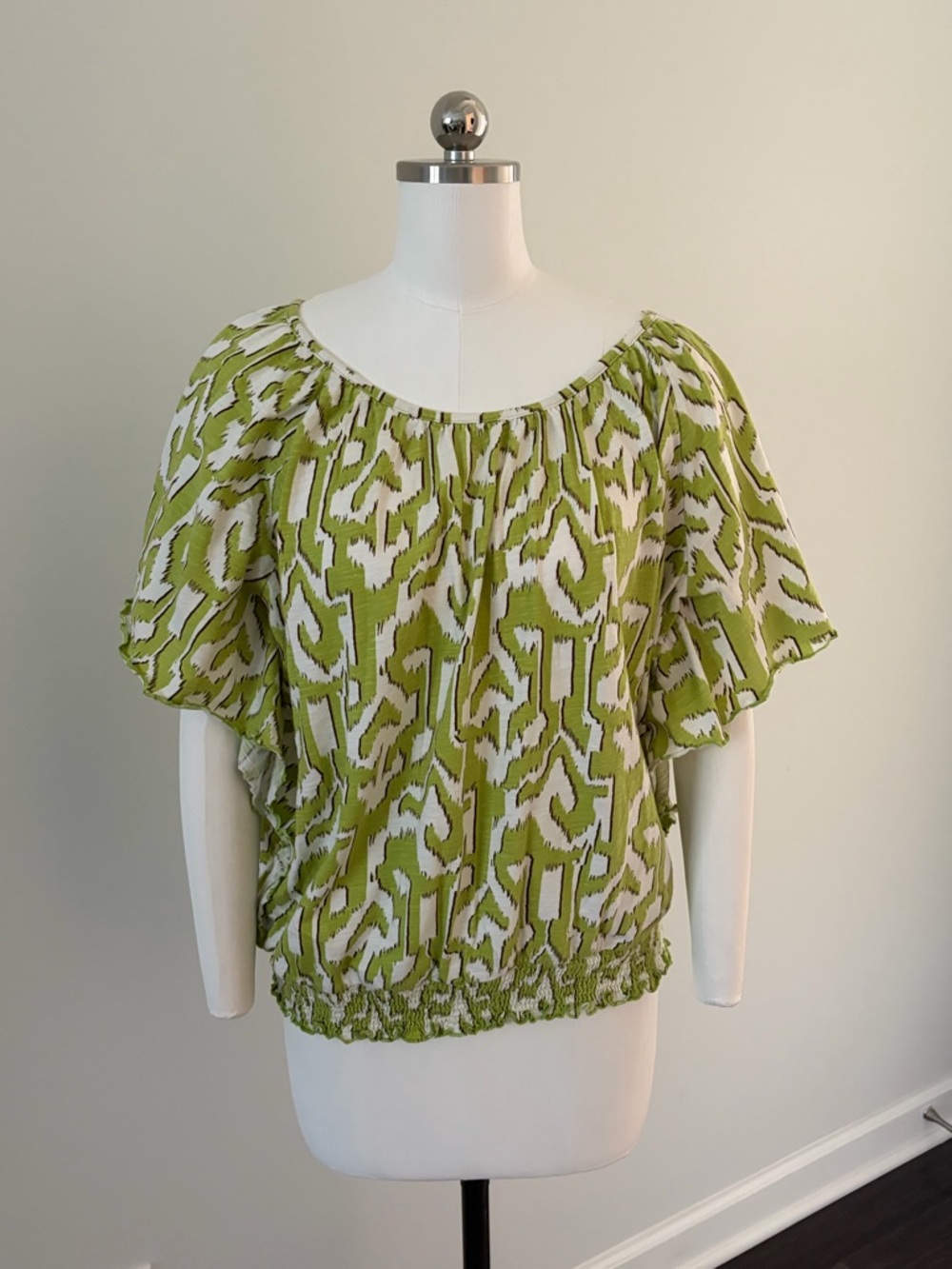 Kim Rogers Lime Green and White Printed Peasant Top